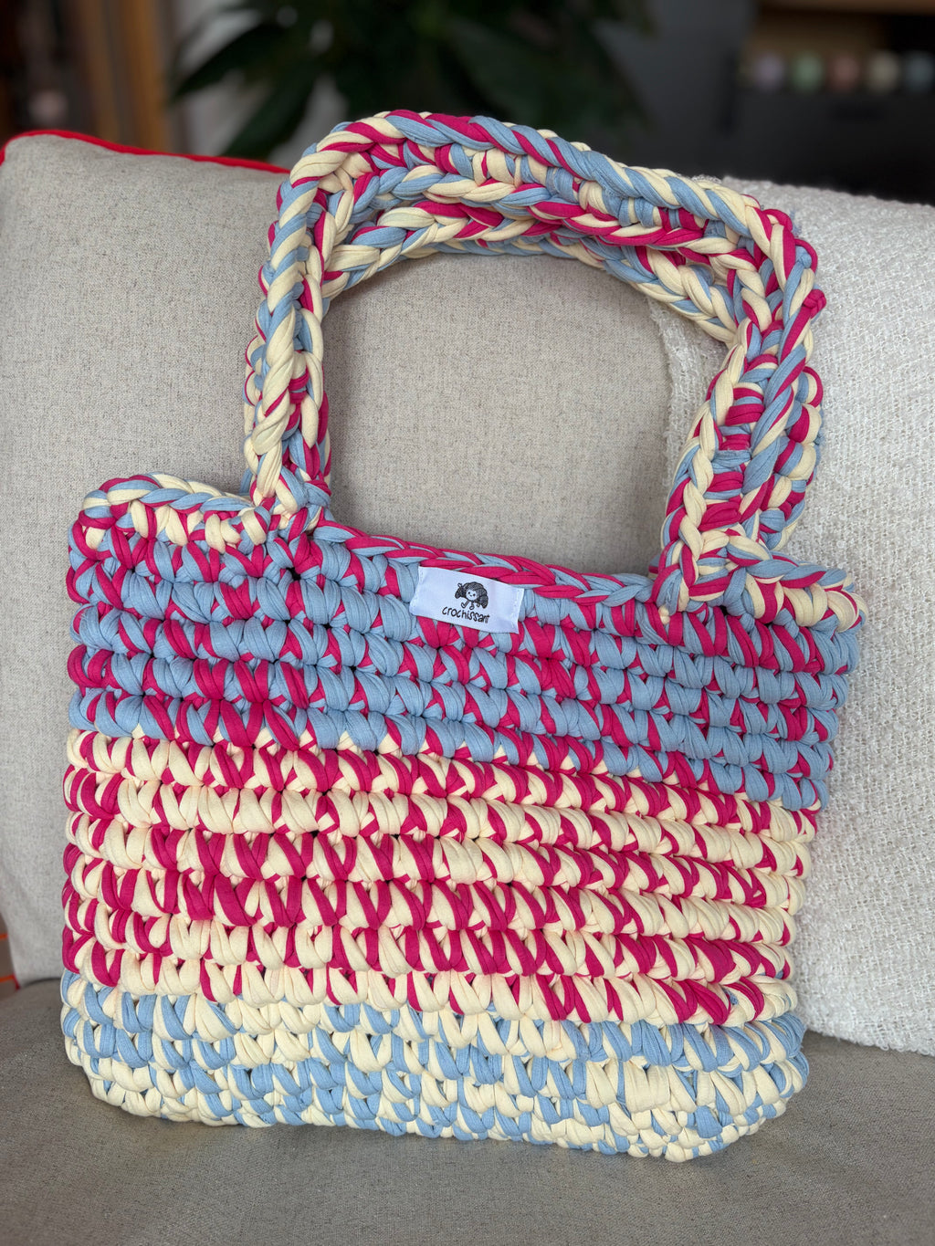 Häkeltasche „Zuckerwatte“ – großer Shopper in Pink, Blau & Vanille